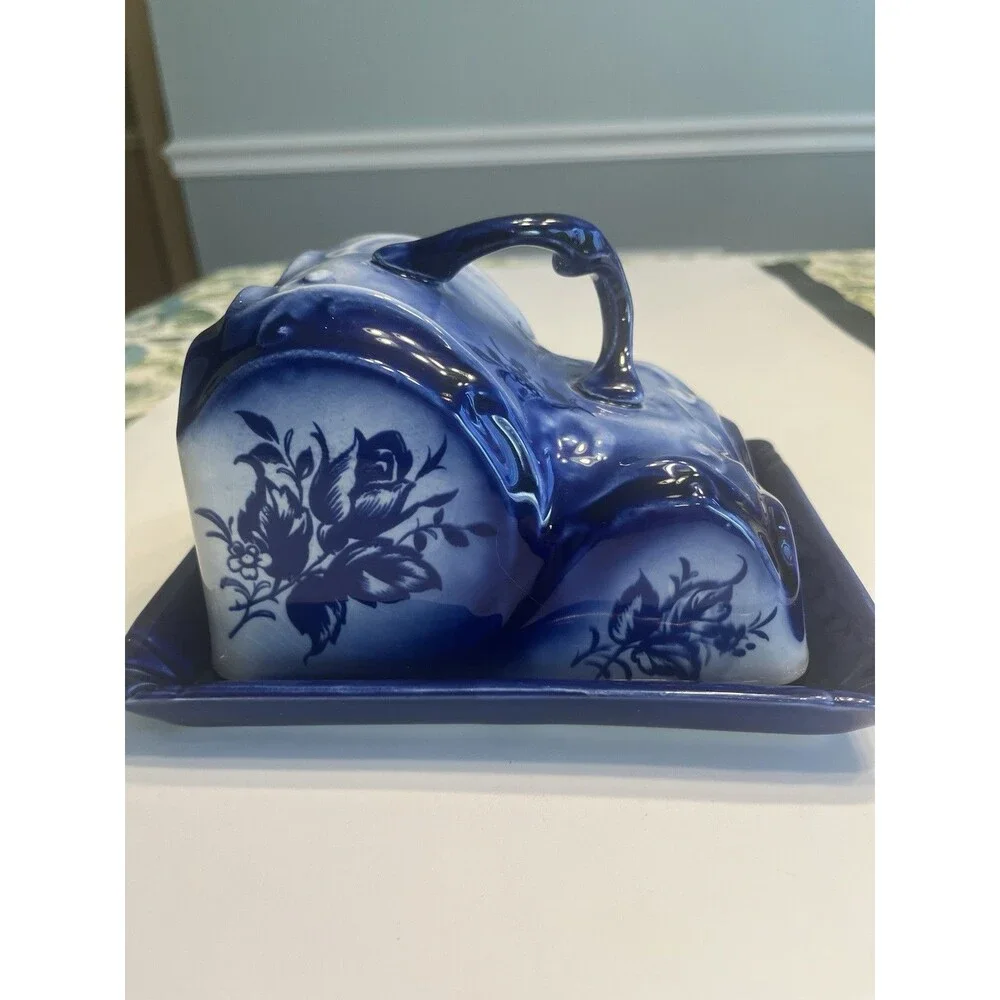 Vintage Empress Staffordshire England Blue Floral Cheese Dish Lid